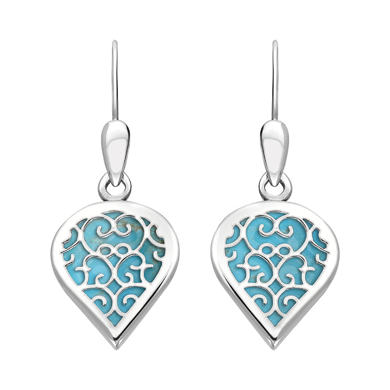 Sterling Silver Turquoise Flore Filigree Heart Drop Earrings