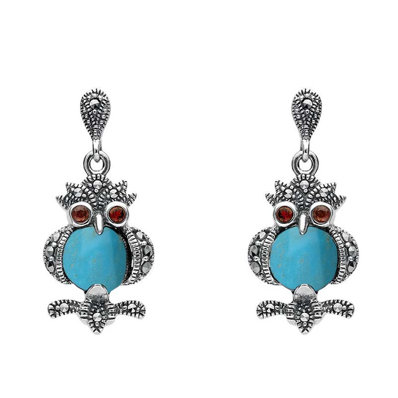Sterling Silver Turquoise Marcasite and Garnet Owl Drop Earrings
