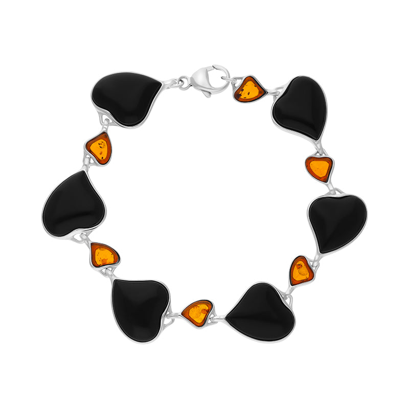 Sterling Silver Whitby Jet Amber Heart Link Bracelet