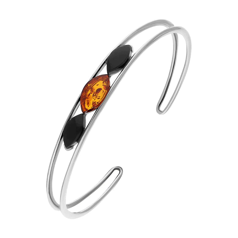 Sterling Silver Whitby Jet Amber Three Stone Marquise Cuff Bangle