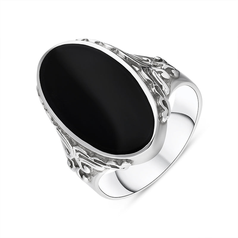 Sterling Silver Whitby Jet Oval Carved Side Ring