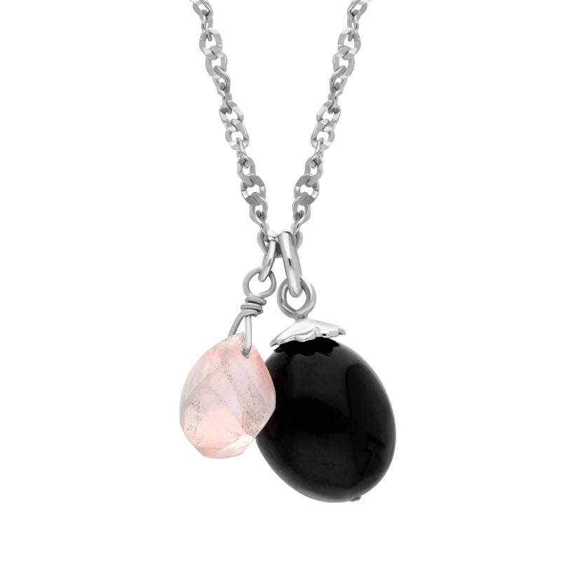 Sterling Silver Whitby Jet Rose Quartz Faceted Bead Necklace