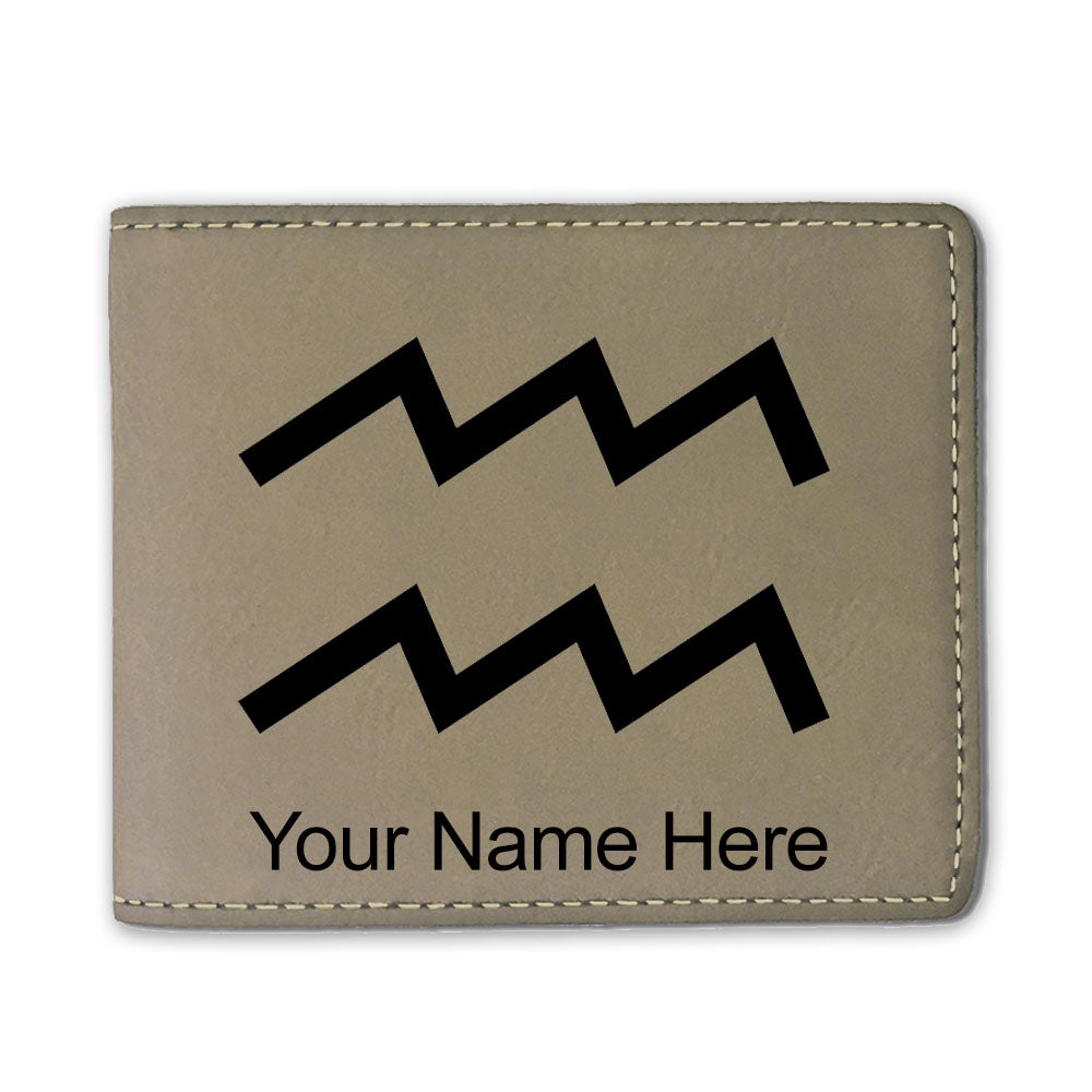 Faux Leather Bi-Fold Wallet, Zodiac Sign Aquarius, Personalized Engraving Included