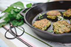 Cast Iron Pan with Chia & Silverbeet Fritters