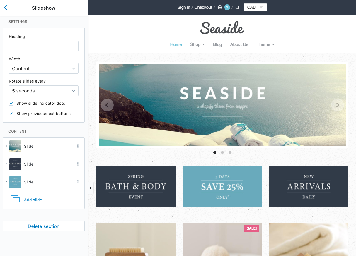 Building sections into a theme: Seaside