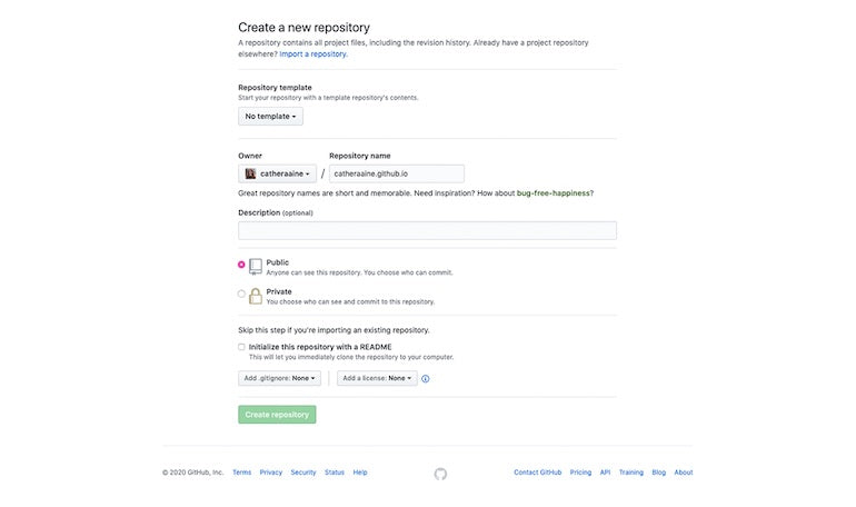 Deploy website: GitHub create repository