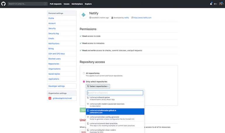 Deploy website: Netlify choose repository 