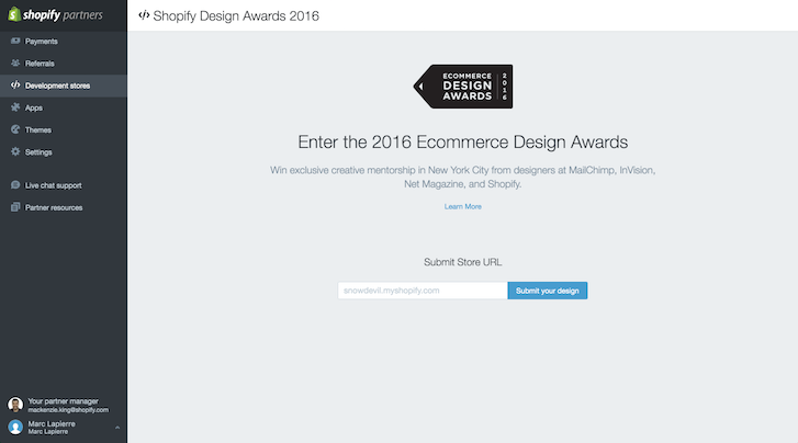 Ecommerce Design Awards: Partner Dashboard