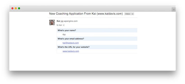 Client Intake Process: Kai Davis Application Form Notification Email