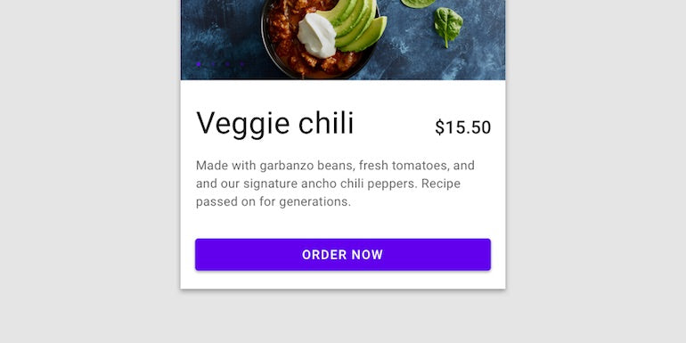 <p>skeuomorphism: screenshot of a restaurant's veggie chili menu item that can be ordered via mobile app. Users can see the item cost, ingredients, and a slightly raised button that says order now.</p>