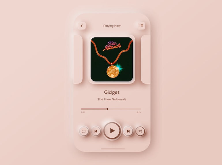 skeuomorphism: a rose gold music player set against a rose gold background.