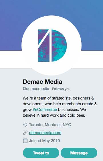 Actionable social media tips: Demac Media Twitter bio