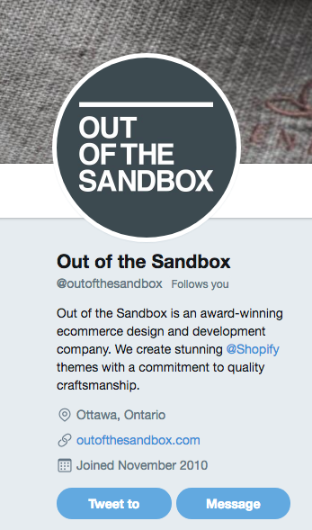 Actionable social media tips: Out of the Sandbox Twitter bio
