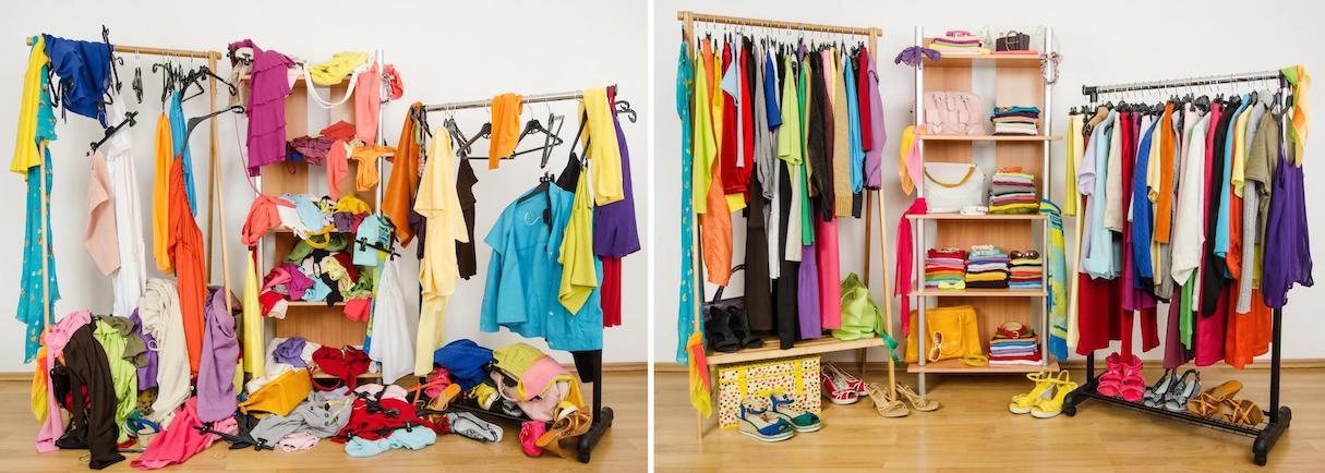 On the left: a very cluttered mess of colorful clothes and shoes on racks and on the floor. On the right: the same clothes and shoes neatly hung and stacked in the racks.