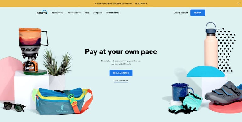 ecommerce store: Affirm homepage