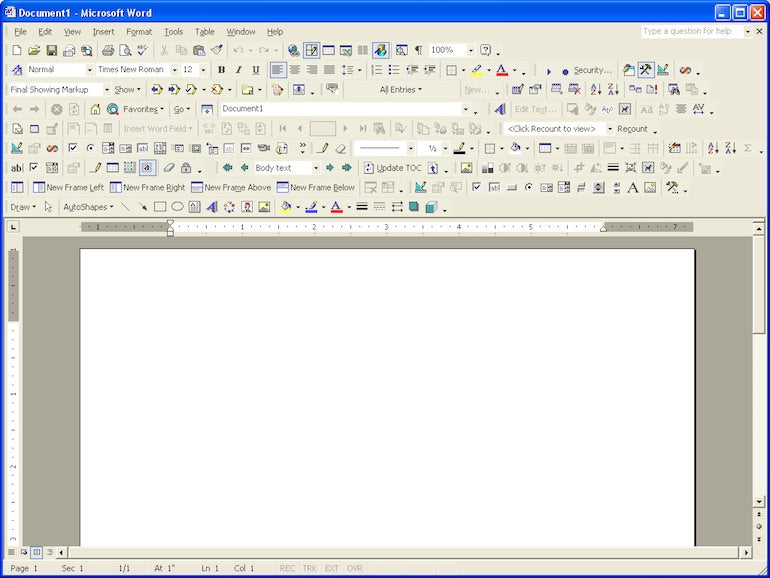 Screenshot of the Microsoft word 2000 interface showing an expanded upper menu with dozens of features and tools.