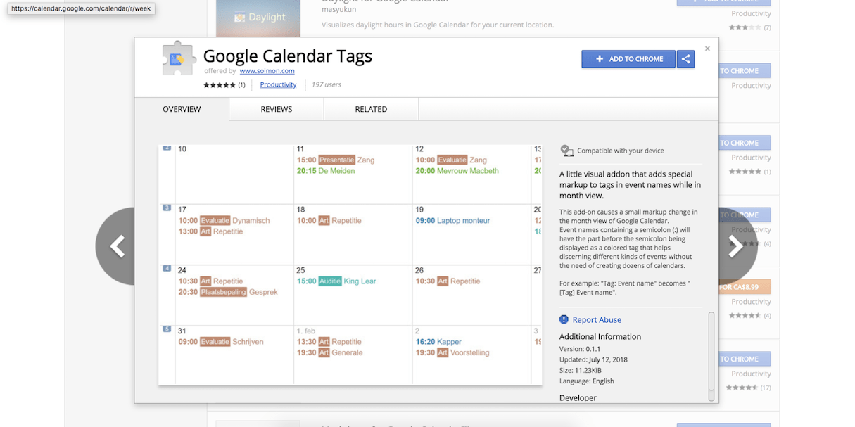 google calendar extension: google calendar tags