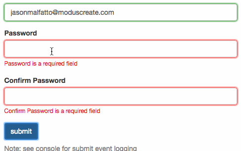 Microinteractions: An example of inline validation on a webpage where the user must fill out 1. Username 2. Password 3. Confirm Password, before they can submit a form. The inline validation shows that Password and Confirm Password are required fields. The user cannot submit the form until all fields are filled correctly.