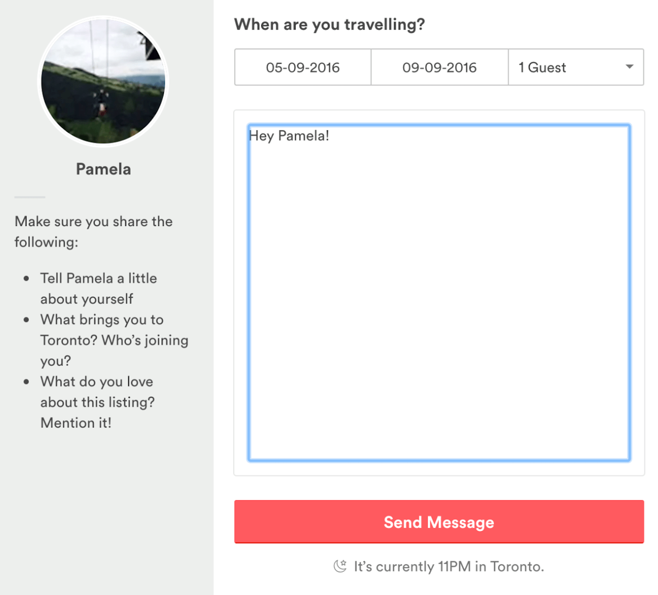 microcopy: screenshot of a user messaging a host on Airbnb where it highlights the host's time zone