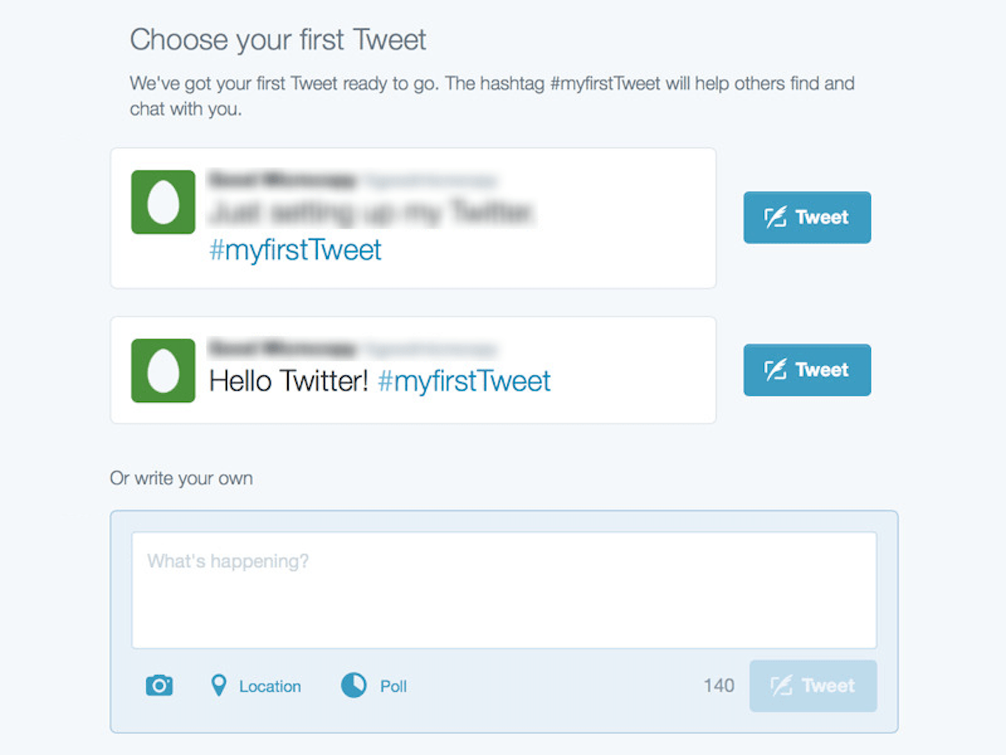 microcopy: screenshot of Twitter's original first tweet sample copy and hashtags
