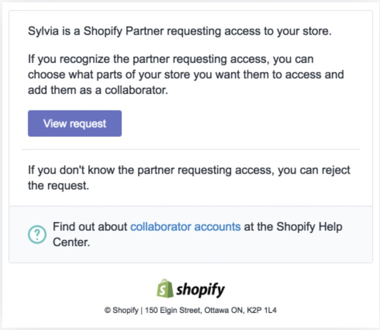 shopify collaborator account: client notification request