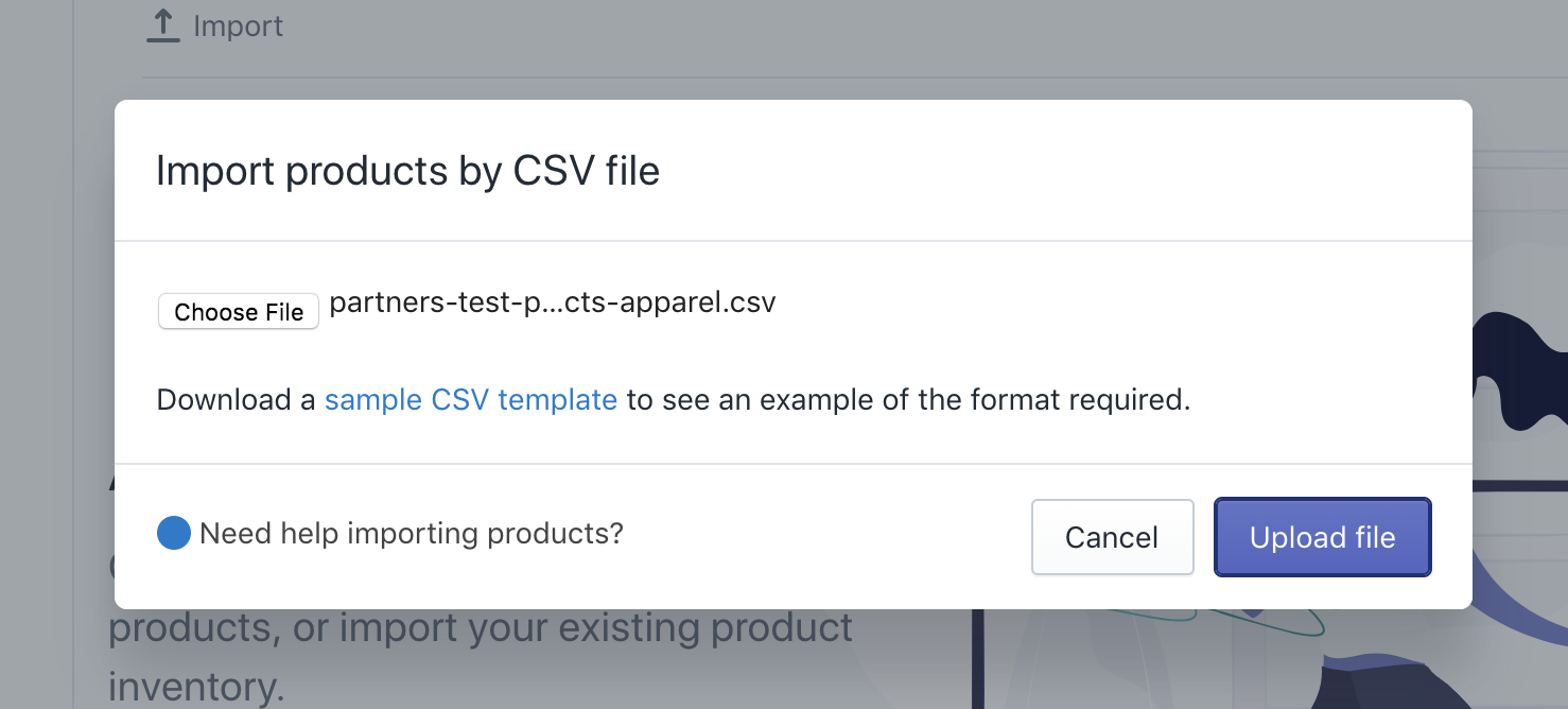 shopify upload product csv - import product modal window