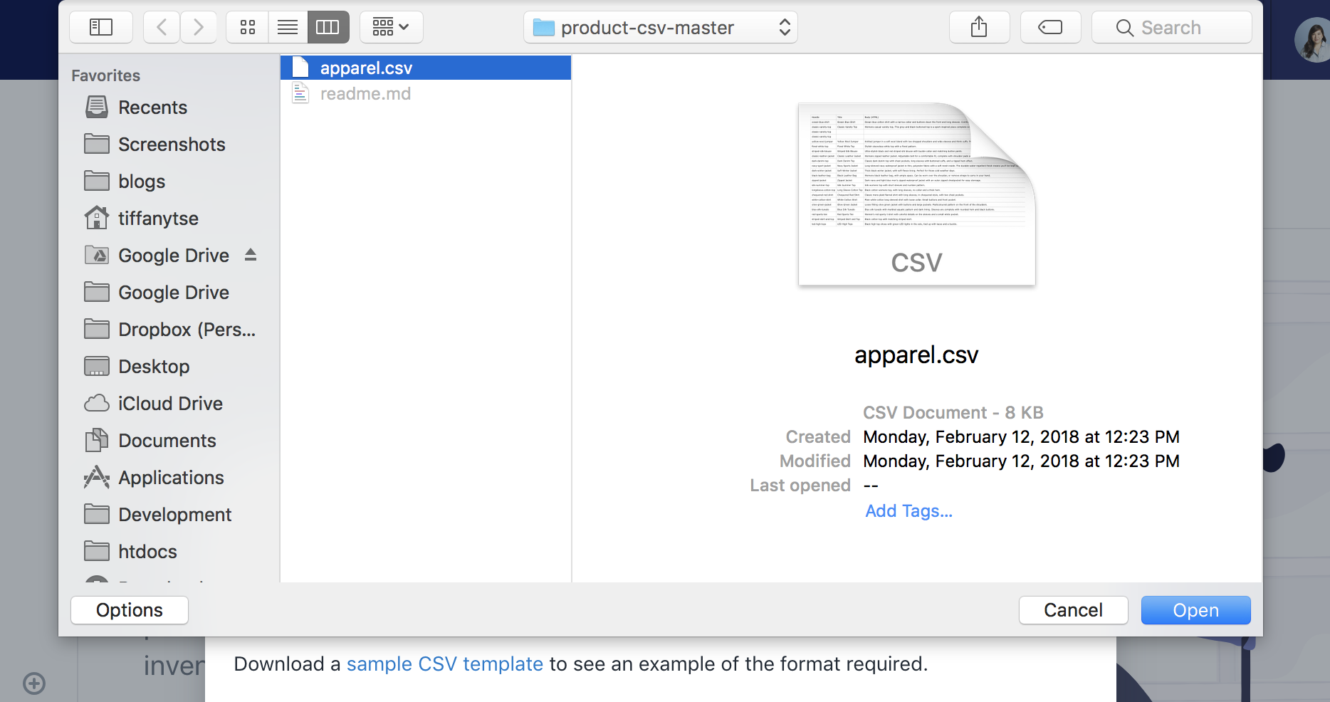 shopify upload product csv - choose file modal