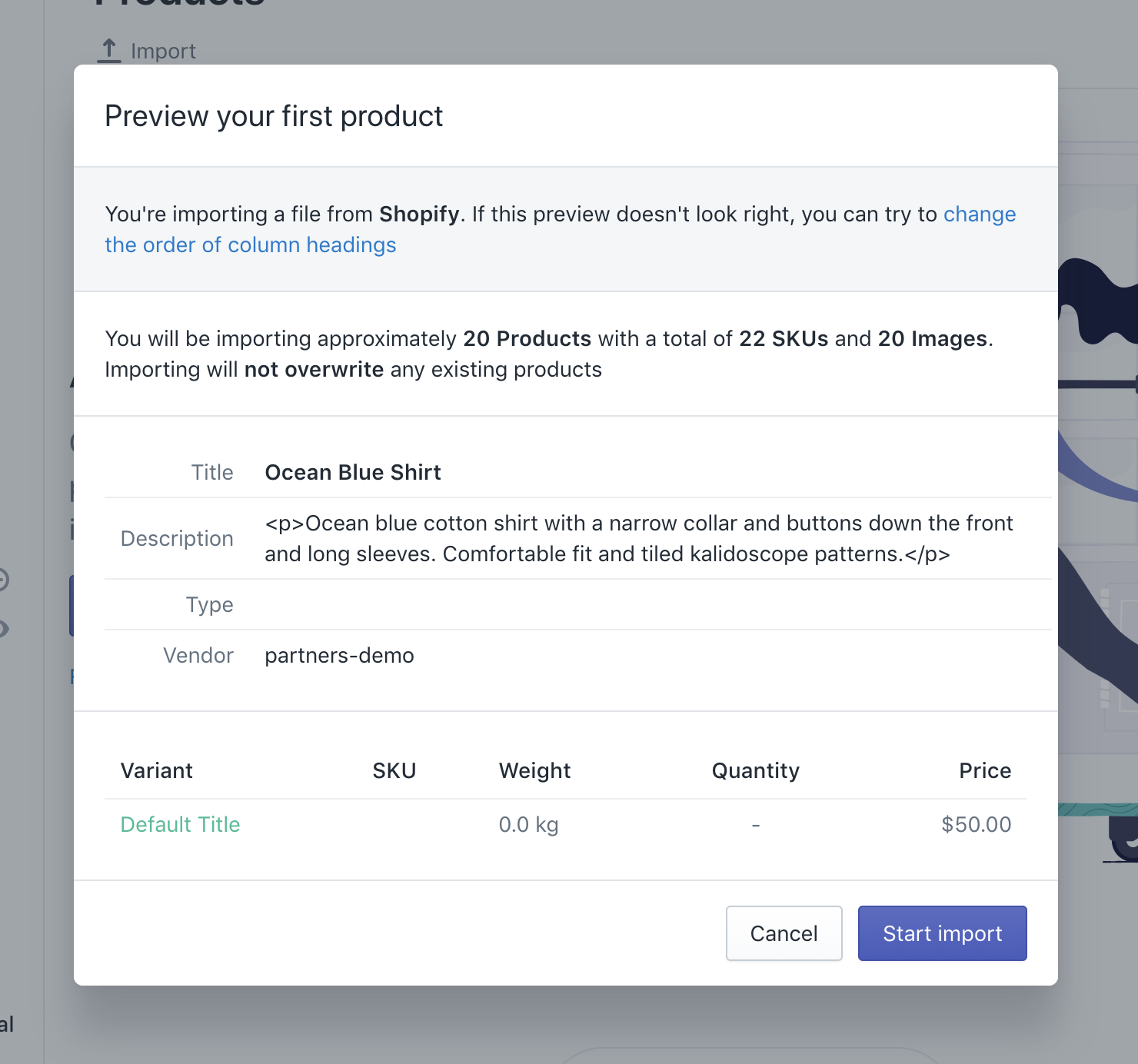 shopify upload product csv - preview modal of product csv import