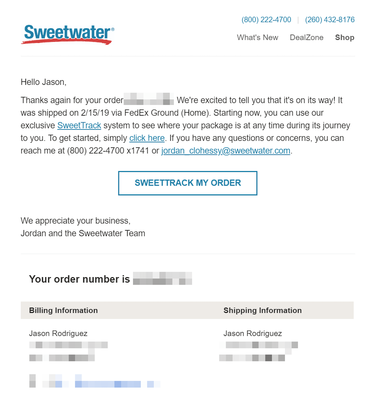 transactional emails: sweetwater