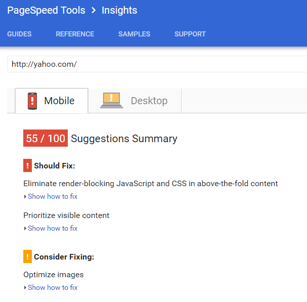 Usability metrics: PageSpeed insights