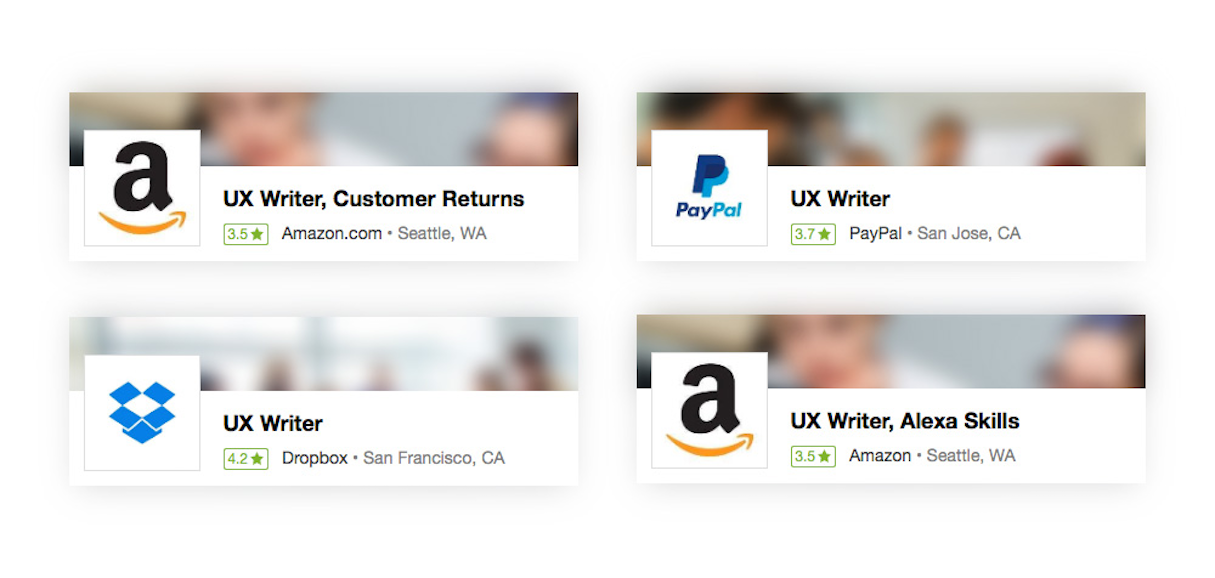 UX writer job advert Amazon, Dropbox, and PayPal