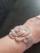Load image into Gallery viewer, Wrist corsage ,Crystal Rose Wedding Cuff, bridesmaid Bracelet,  Rose gold
