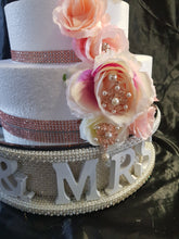 Load image into Gallery viewer, Mr &amp; Mrs cake stand-Pearl and REAL CRYSTAL stones. wedding cake stand + lights + personalised
