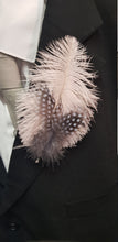 Load image into Gallery viewer, Feather buttonhole Boutonnière , Ostrich and Guinea Fowl Spotted Feathers
