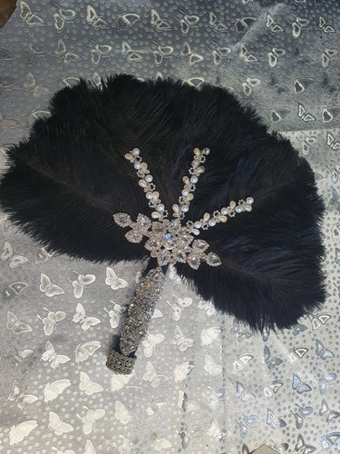 Black Feather Fan wedding bouquet, Ostrich feather crystal hand fan bouquet