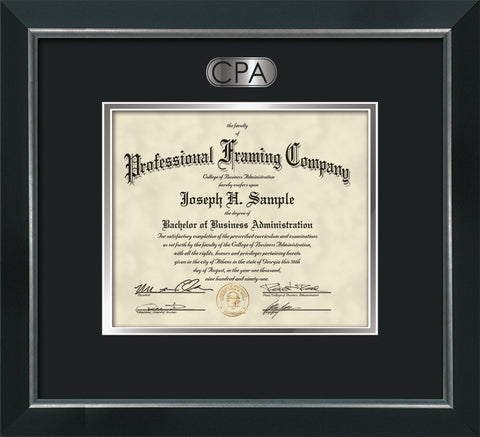 Silver CPA embossing onto custom certificate and document frame