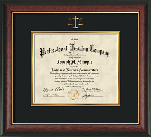 Gold Scales of Justice embossing for Law degree onto document, diploma or certificate frame
