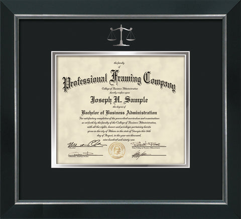 Silver Scales of Justice embossing for Law degree onto document, diploma or certificate frame
