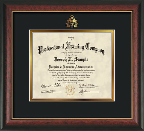 Gold Trinity Knot embossing for Theology degree onto document, diploma or certificate frame