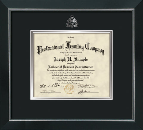 Silver Trinity Knot embossing for Theology degree onto document, diploma or certificate frame