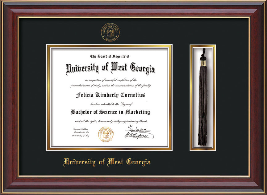 Undergraduate and Graduate Graduation Diploma Frame with Sculpted Foil Seal & Name Gloss Mahogany w/Gold Accent, 20 x 20 UWG Signature Announcements University of West Georgia 
