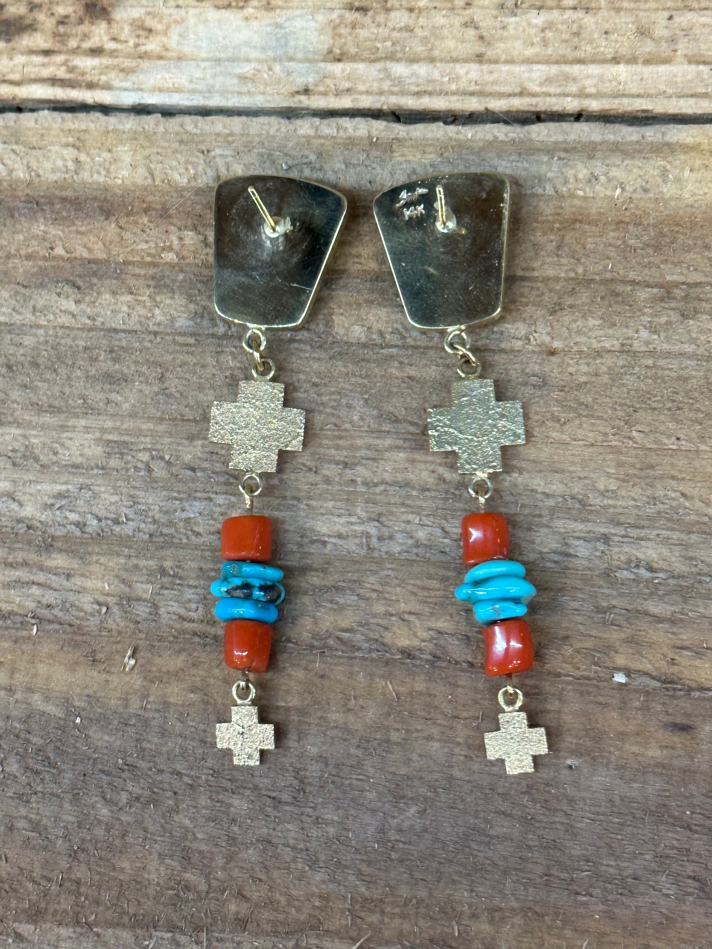 14k Gold Morenci Turquoise Coral Earrings