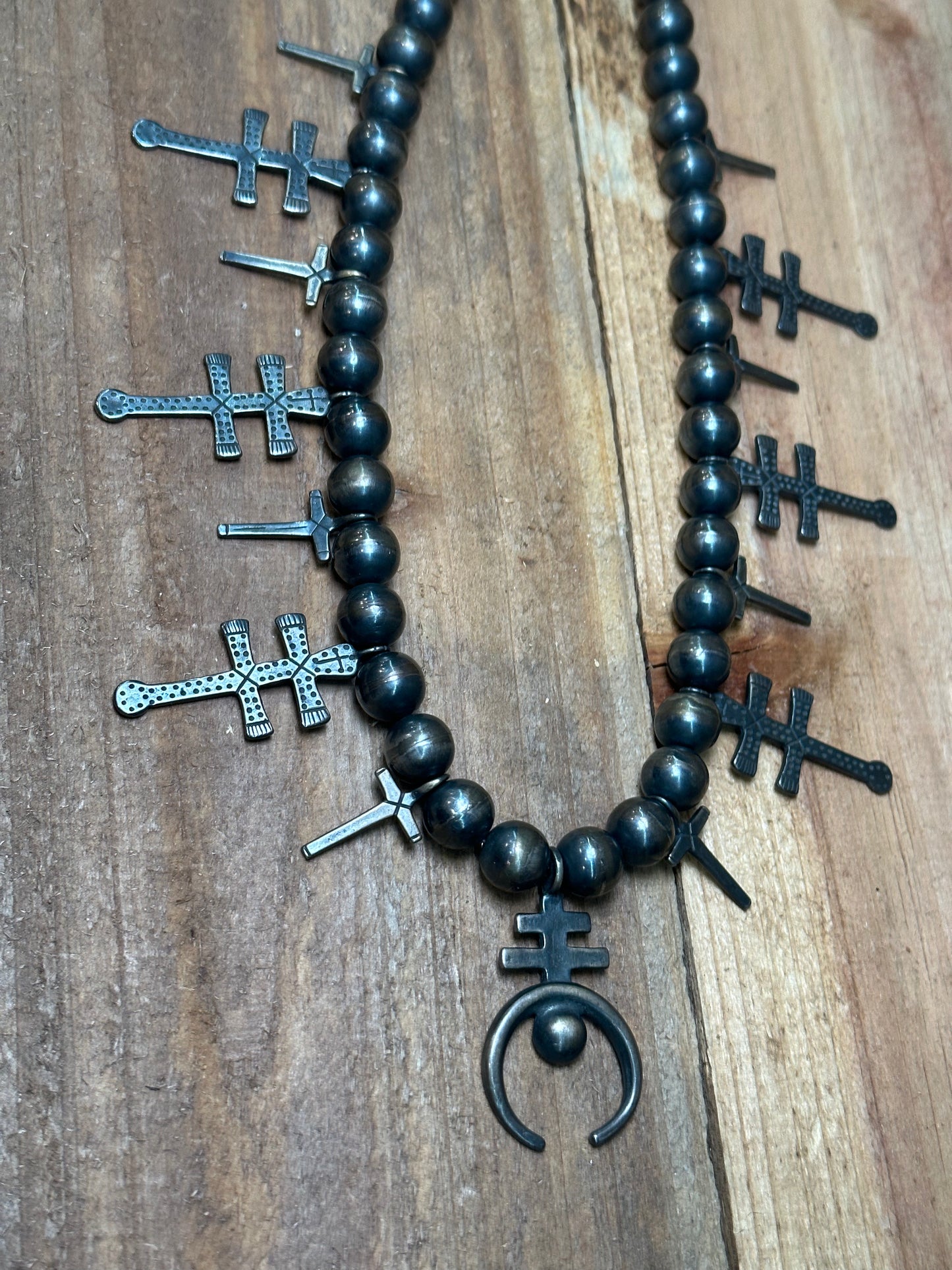 Sterling Silver Bead Necklace with Double Crosses