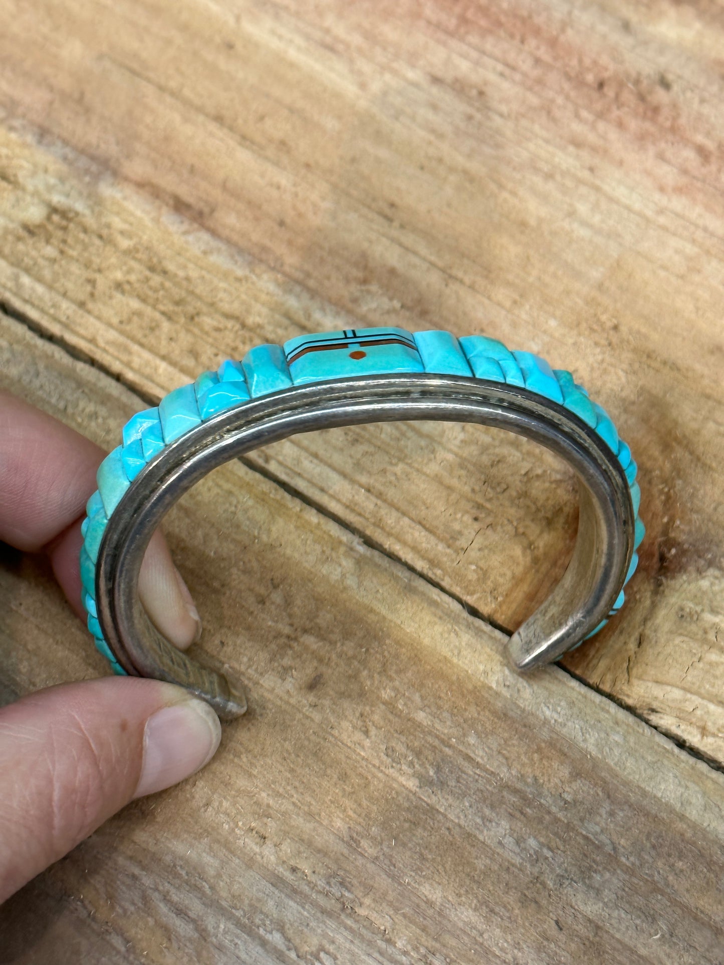 Vintage Turquoise Cobble Style Inlay Bracelet by Lloyd Tsalabutie