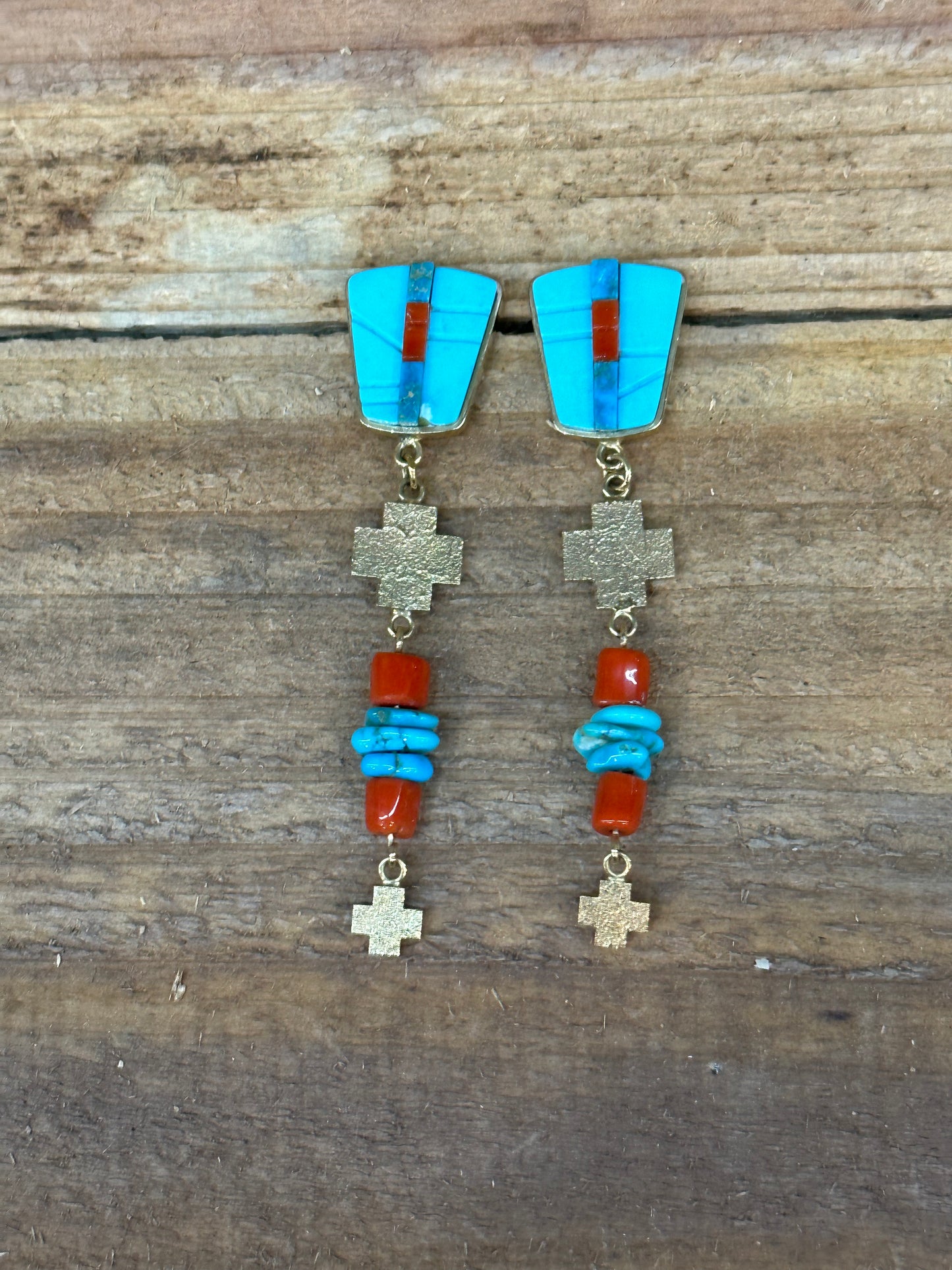 14k Gold Morenci Turquoise Coral Earrings