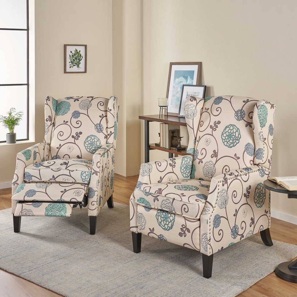 Wescott Contemporary Recliners (Set of 2) by Christopher Knight Home - Light Beige with Blue Floral + Dark Brown