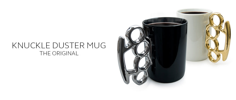 The Original Knuckle Duster Brass Knuckles Mug in White & Gold and Black & Silver
