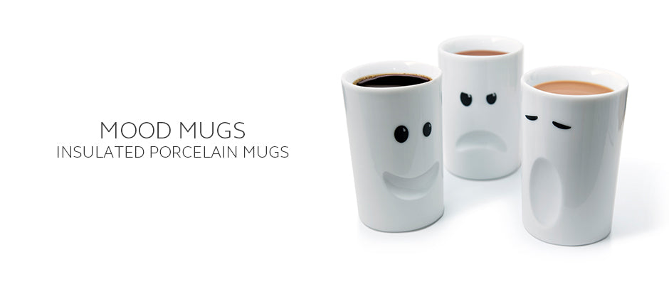 Mood Mugs double wall insulated mugs with faces including Happy, Sleepy, Moody, Stressed and Cheeky