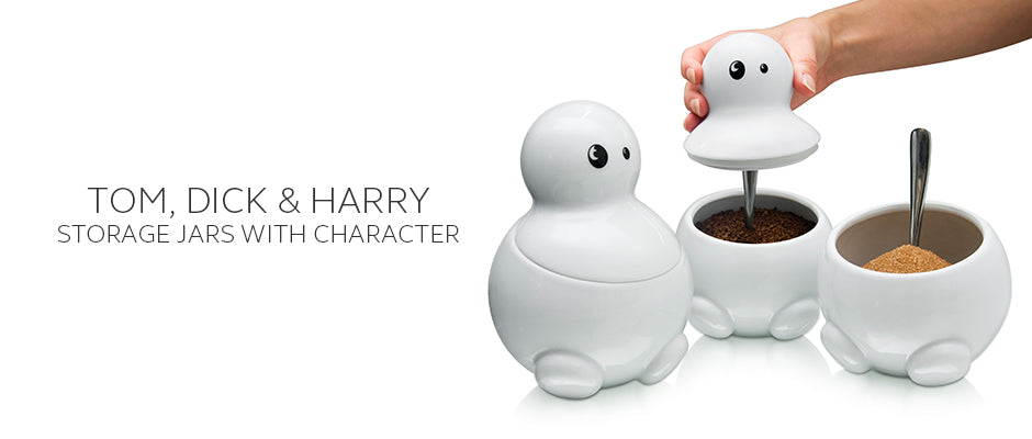 Tom Dick and Harry the white ceramic tea sugar and coffee storage jars by THABTO