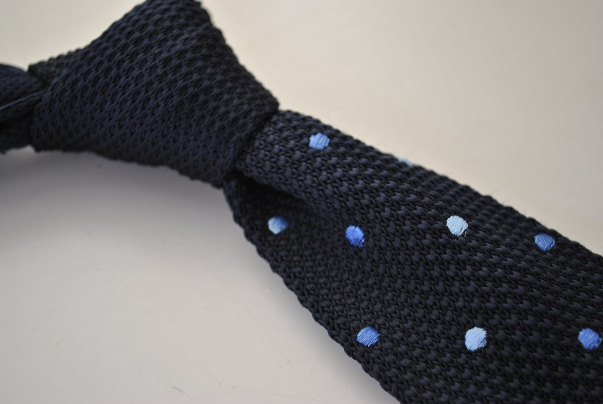 Knitted Skinny Light Blue with Navy Spotted Mens Tie by Frederick Thomas FT1168 